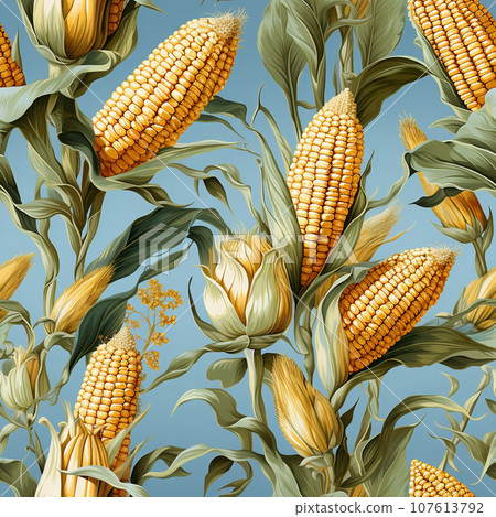 Whimsical watercolour seamless pattern of corncobs for textiles or packaging.  Ai-generated  107613792
