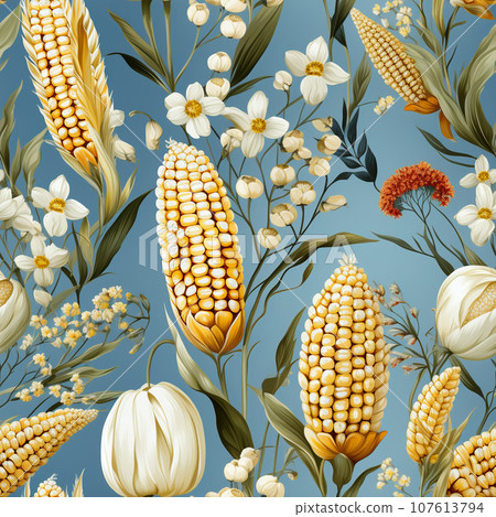 Whimsical watercolour seamless pattern of corncobs for textiles or packaging.  Ai-generated  107613794