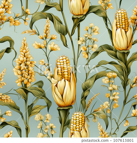 Whimsical watercolour seamless pattern of corncobs for textiles or packaging.  Ai-generated  107613801