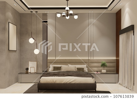 Modern bedroom home interior design. 3D rendering illustration Modern bedroom home interior design. 3D rendering illustration 107613839