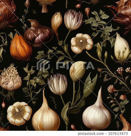 Elegant seamless watercolour garlic and onion pattern for fabrics or packard.  Ai-generated  107613873