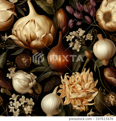Elegant seamless watercolour garlic and onion pattern for fabrics or packard.  Ai-generated  107613876