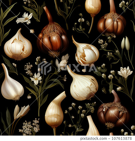 Elegant seamless watercolour garlic and onion pattern for fabrics or packard.  Ai-generated  107613878