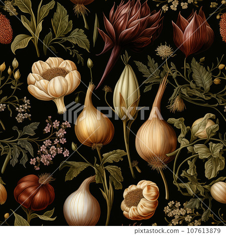 Elegant seamless watercolour garlic and onion pattern for fabrics or packard.  Ai-generated  107613879