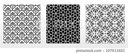 Geometric floral set of seamless patterns. White and black vector backgrounds. Damask graphic ornaments. 107613881