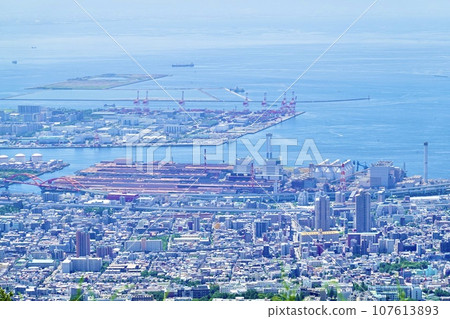 A view overlooking the seaside Kobe Steel Works and Rokko Island from Mt. Rokko, Kobe City, Hyogo Prefecture A view overlooking the seaside Kobe Steel Works and Rokko Island from Mt. Rokko, Kobe City, Hyogo Prefecture 107613893