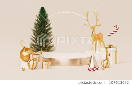Christmas backgrounds with podium stage platform in minimal New year event theme. Merry Christmas scene for product display mock up banner. Empty stand pedestal decor in Xmas winter scene. 3D render. Christmas backgrounds with podium stage platform in minimal New year event theme. Merry Christmas scene for product display mock up banner. Empty stand pedestal decor in Xmas winter scene. 3D render. 107613922