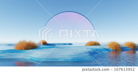 3d Render, Abstract Surreal pastel landscape background with arches and podium for showing product, panoramic view, Colorful dune scene with copy space, blue sky and cloudy, Minimalist decor design 3d Render, Abstract Surreal pastel landscape background with arches and podium for showing product, panoramic view, Colorful dune scene with copy space, blue sky and cloudy, Minimalist decor design 107613952
