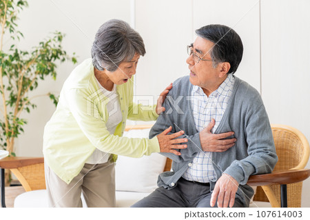 A senior man with chest pain and his worried wife A senior man with chest pain and his worried wife 107614003