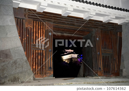 Kanto region, Odawara Castle, cherry blossoms at night, castle tower decorated with cherry blossoms and lights up through the steel gate, Odawara City, Kanagawa Prefecture (5) 107614362