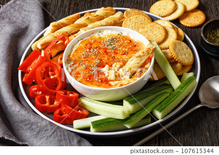 Hot Pepper Jelly Cheese Dip with crackers, veggies Hot Pepper Jelly Cheese Dip with crackers, veggies 107615344