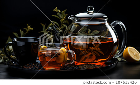 Hot tea with lemon. Modern still life with invigorating drink, citrus fruits and herbs on black background.  Ai-generated  107615420