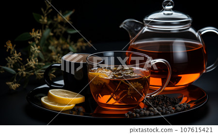 Hot tea with lemon. Modern still life with invigorating drink, citrus fruits and herbs on black background.  Ai-generated  107615421