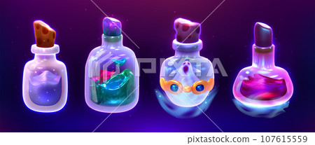 Cartoon game magic potions in glass bottles with corks 107615559
