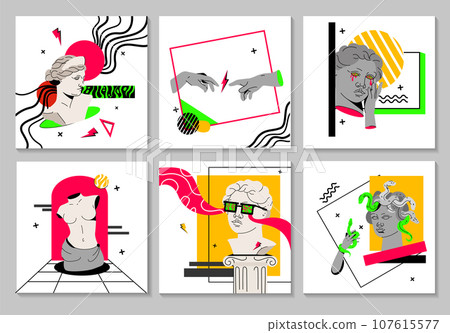 Psychedelic vector square trendy posters with antique sculpture, surreal elements Psychedelic vector square trendy posters with antique sculpture, surreal elements 107615577