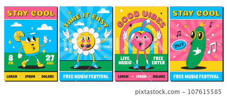 Retro posters or invitations for live music party with psychedelic funny characters Retro posters or invitations for live music party with psychedelic funny characters 107615585