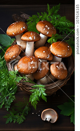 Freshly picked porcini mushrooms and sprigs of dill in a wicker basket on a wooden table. Ai-generated Freshly picked porcini mushrooms and sprigs of dill in a wicker basket on a wooden table. Ai-generated 107616185