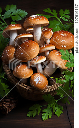 Freshly picked porcini mushrooms and sprigs of dill in a wicker basket on a wooden table.  Ai-generated  107616187