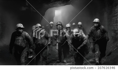 Workers working in a dark coal mine and tunnel Workers working in a dark coal mine and tunnel 107616346