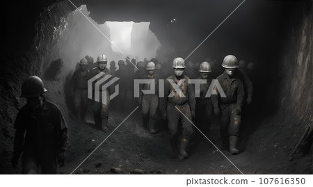 Workers working in a dark coal mine and tunnel Workers working in a dark coal mine and tunnel 107616350