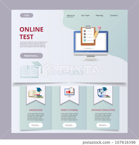 Online test flat landing page website template. Knowledge, video tutorial, distance education. Web banner with header, content and footer. Vector illustration. Online test flat landing page website template. Knowledge, video tutorial, distance education. Web banner with header, content and footer. Vector illustration. 107616396