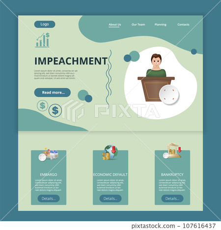 Impeachment flat landing page website template. Embargo, economic default, bankruptcy. Web banner with header, content and footer. Vector illustration. 107616437