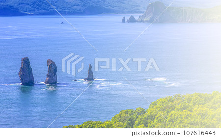 Three Brothers Rocks in Avacha Bay of Pacific Ocean, Russian Far East, Kamchatka Peninsula 107616443