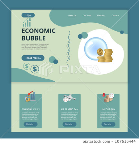 Economic bubble flat landing page website template. Financial crisis, air traffic ban, import ban. Web banner with header, content and footer. Vector illustration. Economic bubble flat landing page website template. Financial crisis, air traffic ban, import ban. Web banner with header, content and footer. Vector illustration. 107616444