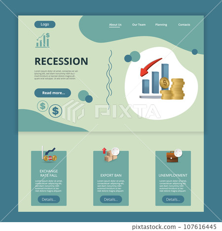 Recession flat landing page website template. Exchange rate fall, export ban, unemployment. Web banner with header, content and footer. Vector illustration. Recession flat landing page website template. Exchange rate fall, export ban, unemployment. Web banner with header, content and footer. Vector illustration. 107616445