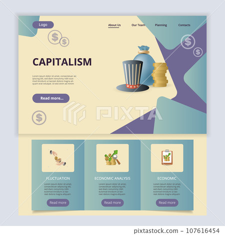 Capitalism flat landing page website template. Fluctuation, economic analysis, economic. Web banner with header, content and footer. Vector illustration. 107616454