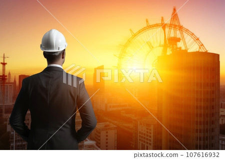 Engineering wearing hardhat with blurred site construction building background, Generative AI illustration 107616932