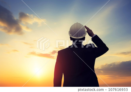 Engineering wearing hardhat with blurred site construction building background, Generative AI illustration 107616933