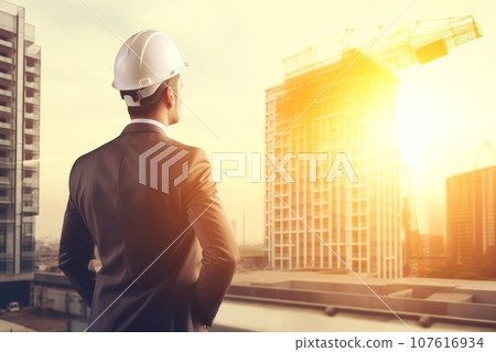 Engineering wearing hardhat with blurred site construction building background, Generative AI illustration 107616934