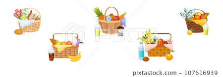Lunch Hamper or Picnic Wicker Basket with Food Vector Set Lunch Hamper or Picnic Wicker Basket with Food Vector Set 107616939