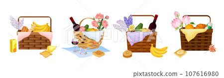 Lunch Hamper or Picnic Wicker Basket with Food Vector Set 107616980