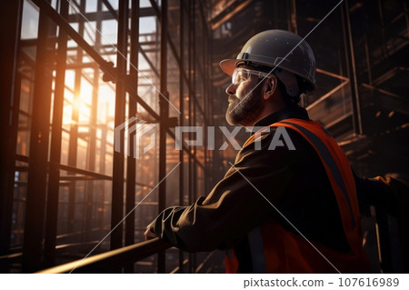 Engineering wearing hardhat with blurred site construction building background, Generative AI illustration 107616989