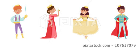 Cute Little Boys and Girl Prince and Princess in Gown with Crown Vector Set 107617079
