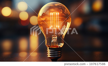 Incandescent bulb on dark background with bokeh lights in close-up.  Ai-generated  107617586