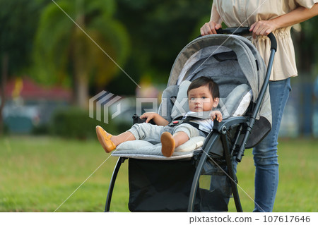 mother pushing infant baby stroller and walking in park 107617646
