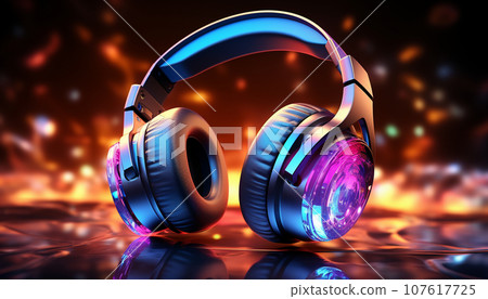 Modern wireless headphones with high fidelity glowing earbuds for gamers and teens.  Ai-generated  107617725