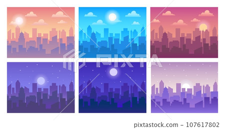 Cityscape in different time of day. Town silhouette in morning, evening and day. Night town landscape with urban buildings. Background with moon and sun. Vector set 107617802