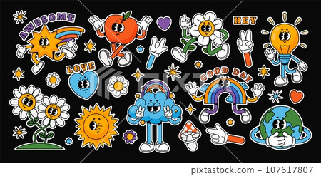 Cartoon abstract stickers. Retro comic character with facial expressions, legs and glows. Running star, walking happy apple, cheerful bulb with face. Vector collection Cartoon abstract stickers. Retro comic character with facial expressions, legs and glows. Running star, walking happy apple, cheerful bulb with face. Vector collection 107617807