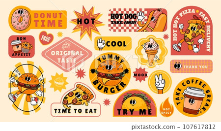 Cartoon fast food stickers. Retro comic cards and label with hot dog, ice cream and drinks. Trendy mascot food characters. Design elements for food restaurant vector set 107617812