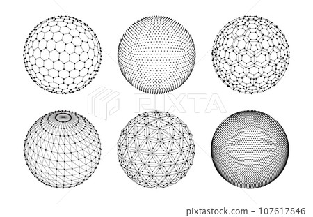 3d sphere mesh. Globe, planet with dots and lines, ball polygon grids. Futuristic technology digital structure wireframe. Abstract sci-fi vector set 107617846