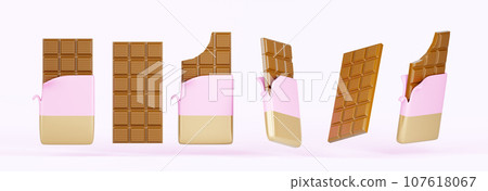 Chocolate bars whole and bitten in open packaging 3d render icons set. Realistic sweet choco dessert with square texture in gold foil and pink paper package, isolated design elements. 3D illustration Chocolate bars whole and bitten in open packaging 3d render icons set. Realistic sweet choco dessert with square texture in gold foil and pink paper package, isolated design elements. 3D illustration 107618067