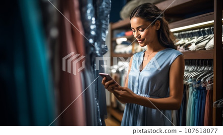 Woman looking at smartphone at store 107618077