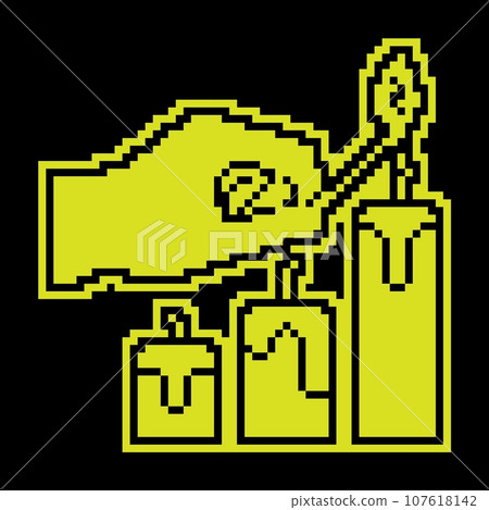 Pixel silhouette icon. Hand holds burning match over candles. Preparing for the holiday, lighting candles. Simple black and yellow vector isolated Pixel silhouette icon. Hand holds burning match over candles. Preparing for the holiday, lighting candles. Simple black and yellow vector isolated 107618142