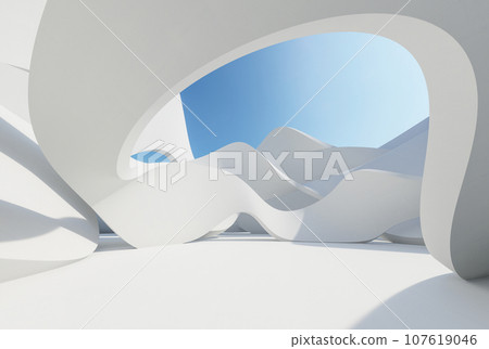 Abstract white twisted wall, Minimal style, architecture with blue sky background, 3d render 107619046