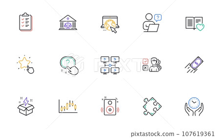 Online question, Internet and Court building line icons for website, printing. Collection of Love book, Checklist, Strategy icons. Fast payment, Speakers, Candlestick graph web elements. Vector Online question, Internet and Court building line icons for website, printing. Collection of Love book, Checklist, Strategy icons. Fast payment, Speakers, Candlestick graph web elements. Vector 107619361