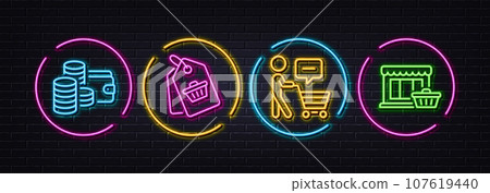 Wallet, Buyer think and Sale tag minimal line icons. Neon laser 3d lights. Marketplace icons. For web, application, printing. Money budget, Shopping cart, Shopping store. Neon lights buttons. Vector Wallet, Buyer think and Sale tag minimal line icons. Neon laser 3d lights. Marketplace icons. For web, application, printing. Money budget, Shopping cart, Shopping store. Neon lights buttons. Vector 107619440